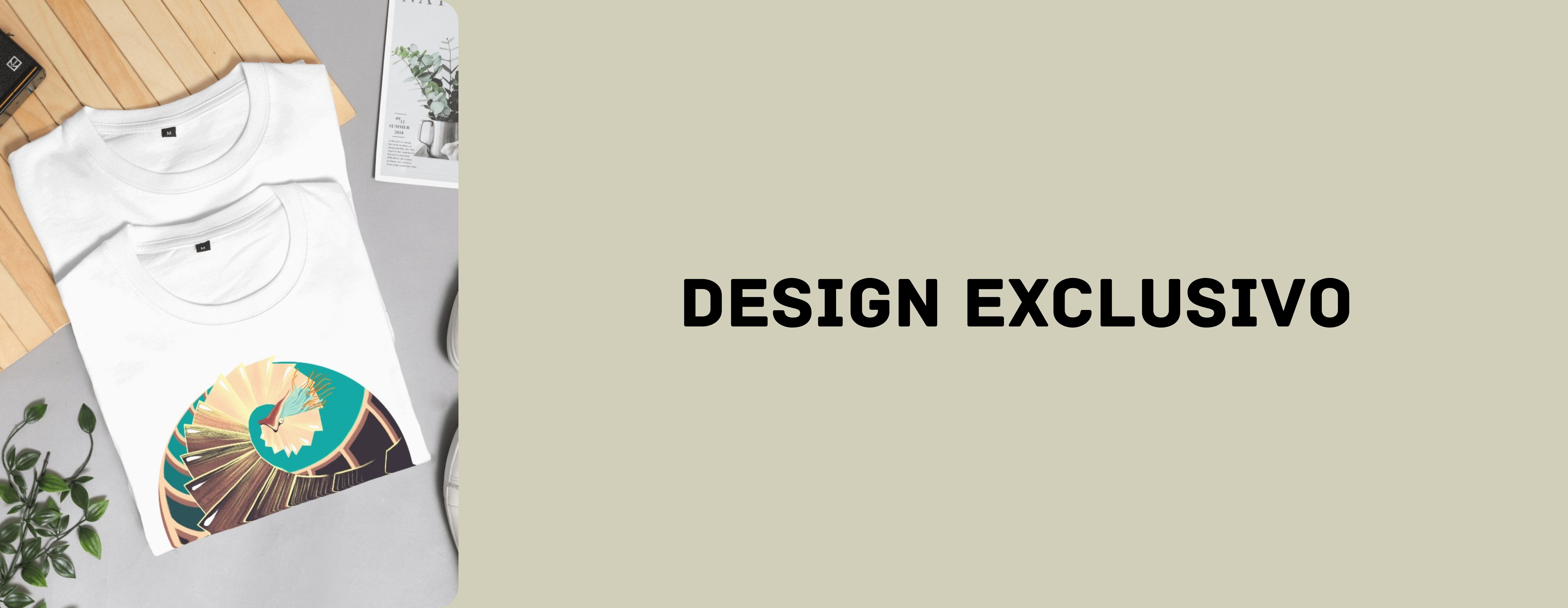 banner de apresentação da loja com imagem de duas t-shirts com gráficos personalizados e texto design exclusivo